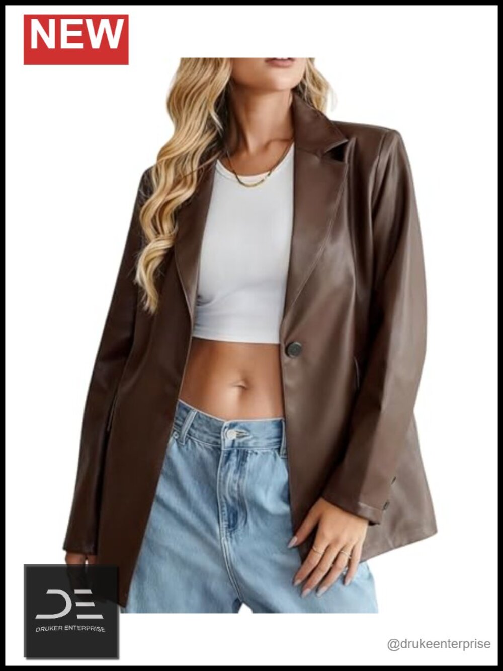 Faux Leather Blazer Jacket Moto Biker Coat Long Sleeves Button Smart Casual
